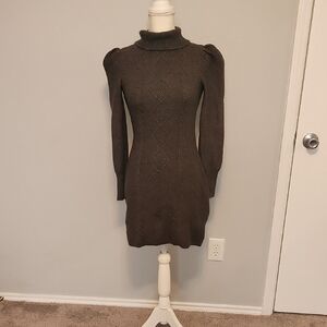 Chic Gray Knit Turtleneck Bodycon Sweater Dress with Puff Sleeves